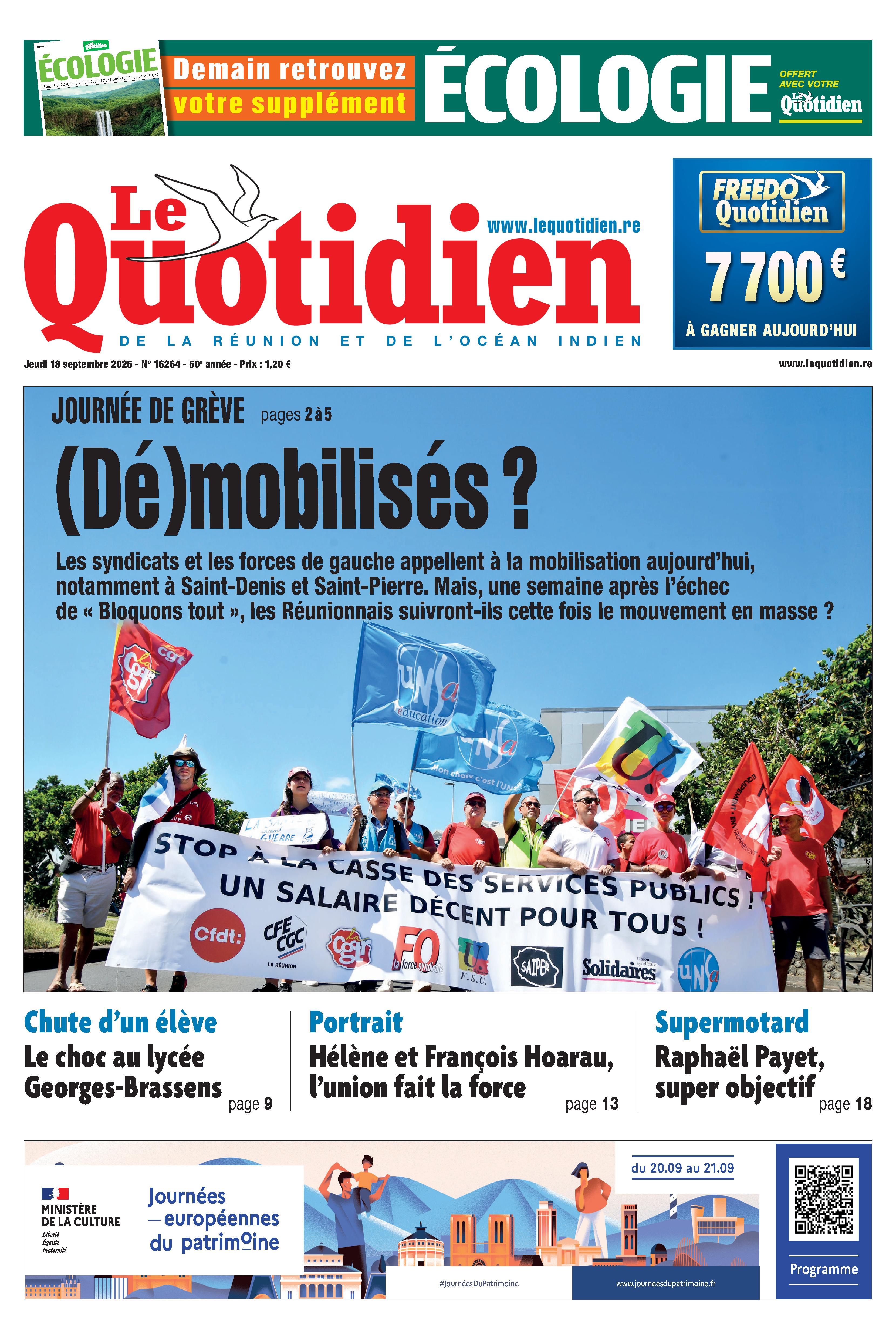 Première de couverture du journal Le Qotidien de La Réunion - édition du 19 juillet