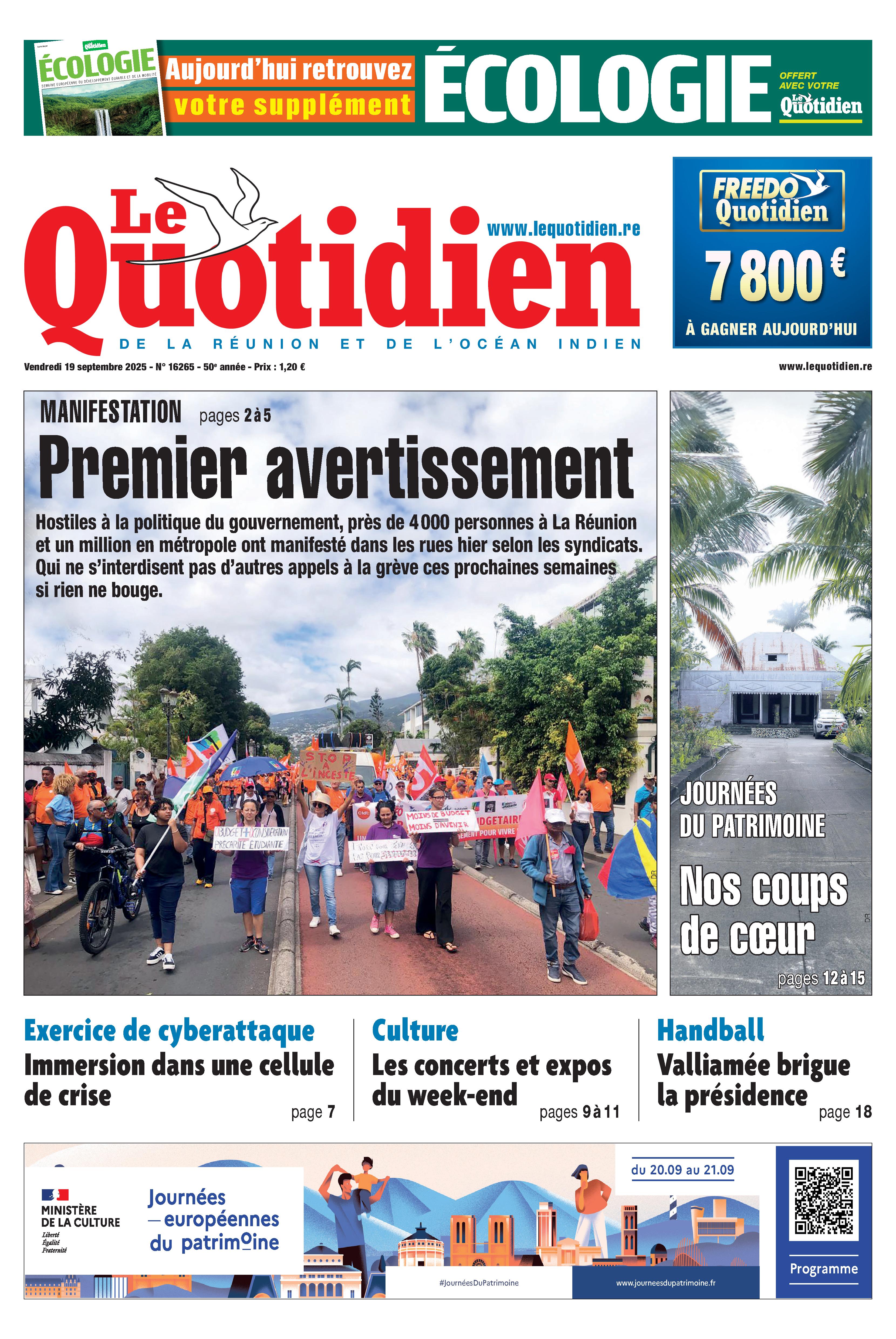 Première de couverture du journal Le Qotidien de La Réunion - édition du 19 juillet